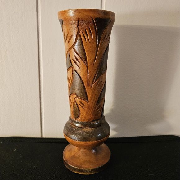 Vintage Hand Carved Wooden Vase Bohemian Mid-century Modern 8" Two-tone - Picture 11 of 16